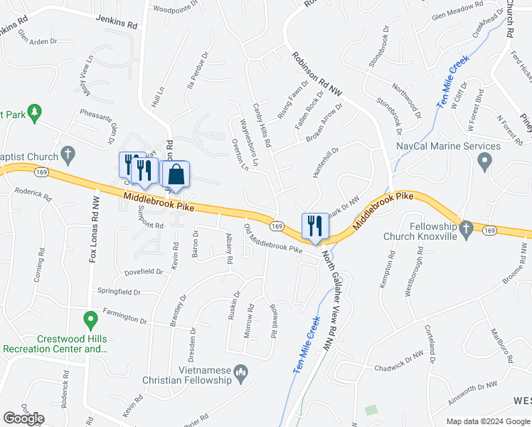 map of restaurants, bars, coffee shops, grocery stores, and more near 8524 Constance Way in Knoxville
