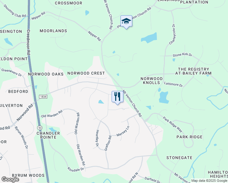 map of restaurants, bars, coffee shops, grocery stores, and more near 1216 Hannahs View Drive in Raleigh