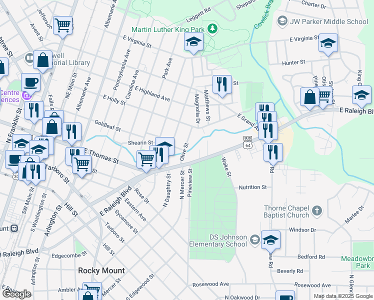 map of restaurants, bars, coffee shops, grocery stores, and more near 301 Olive Street in Rocky Mount