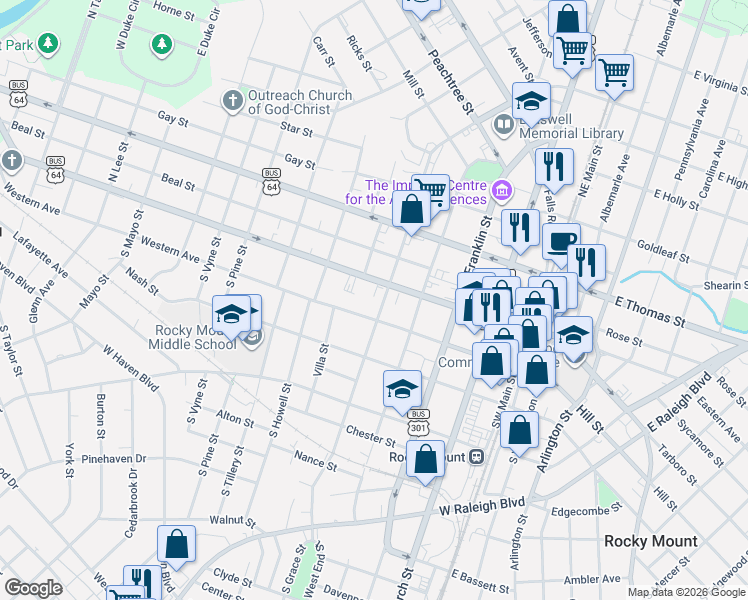 map of restaurants, bars, coffee shops, grocery stores, and more near 128 South Grace Street in Rocky Mount