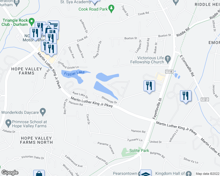map of restaurants, bars, coffee shops, grocery stores, and more near 758 Martin Luther King Junior Parkway in Durham