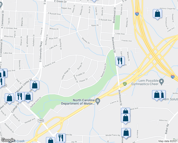 map of restaurants, bars, coffee shops, grocery stores, and more near 422 Friddle Drive in High Point