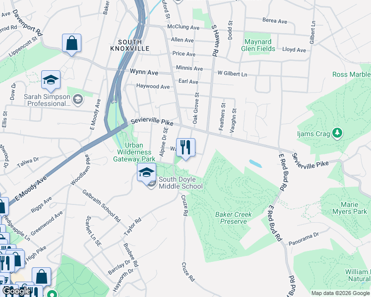 map of restaurants, bars, coffee shops, grocery stores, and more near 3700 Lancaster Drive in Knoxville