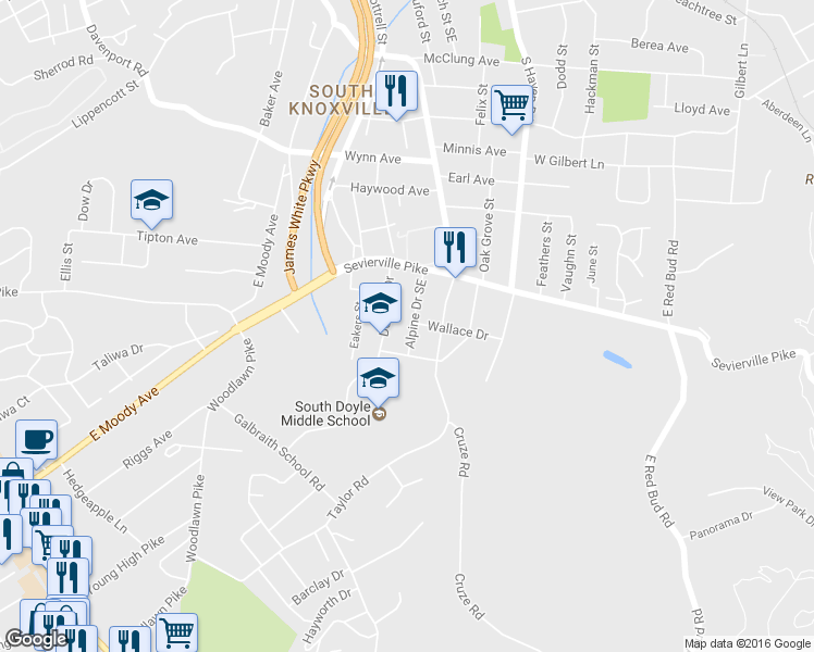 map of restaurants, bars, coffee shops, grocery stores, and more near 3701 Alpine Drive Southeast in Knoxville