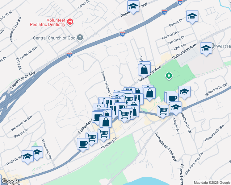 map of restaurants, bars, coffee shops, grocery stores, and more near 4009 Knoxville City Greenways in Knoxville