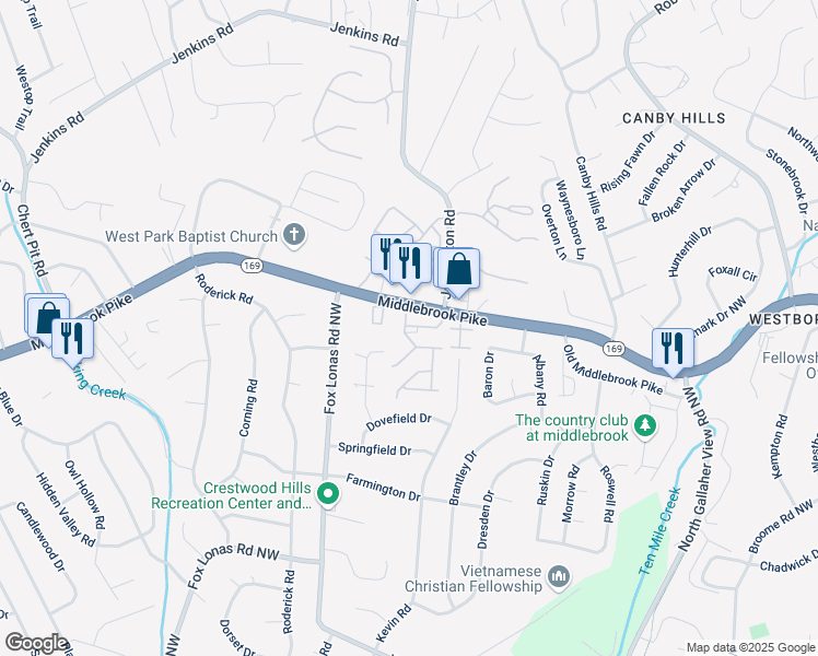 map of restaurants, bars, coffee shops, grocery stores, and more near 8634 Sunpoint Road in Knoxville