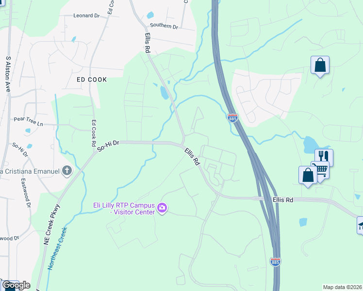 map of restaurants, bars, coffee shops, grocery stores, and more near 4215 So-Hi Drive in Durham