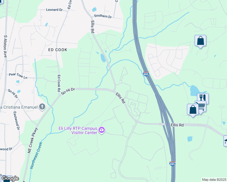 map of restaurants, bars, coffee shops, grocery stores, and more near 4215 So-Hi Drive in Durham