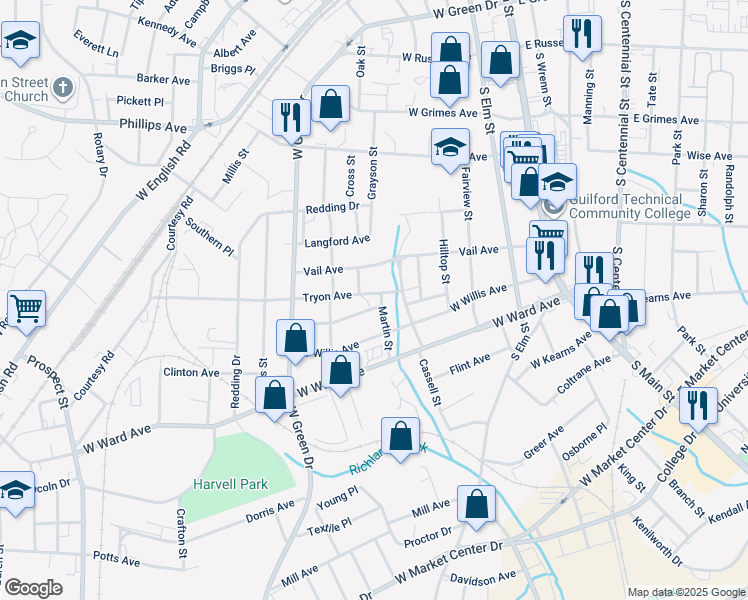 map of restaurants, bars, coffee shops, grocery stores, and more near 704 Cliffside Avenue in High Point
