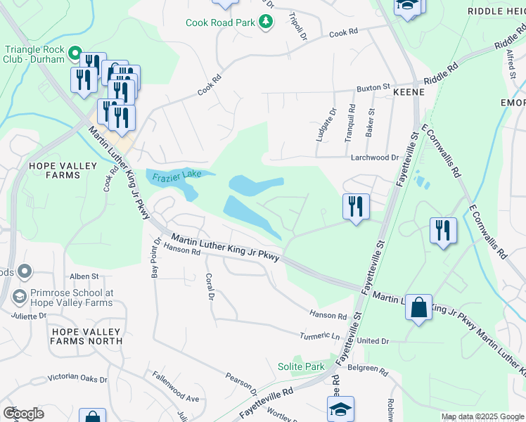 map of restaurants, bars, coffee shops, grocery stores, and more near 758 Martin Luther King Junior Parkway in Durham