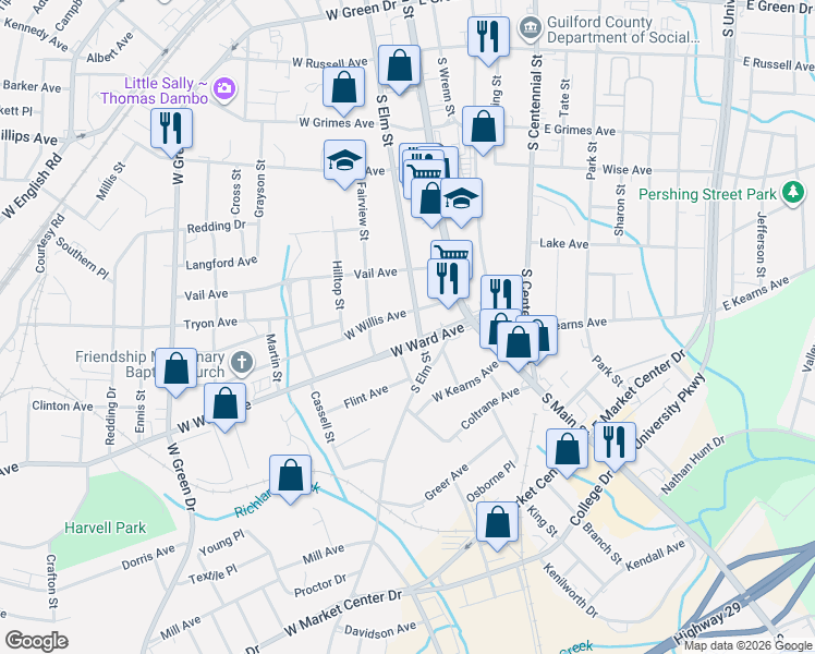 map of restaurants, bars, coffee shops, grocery stores, and more near 308 West Ward Avenue in High Point