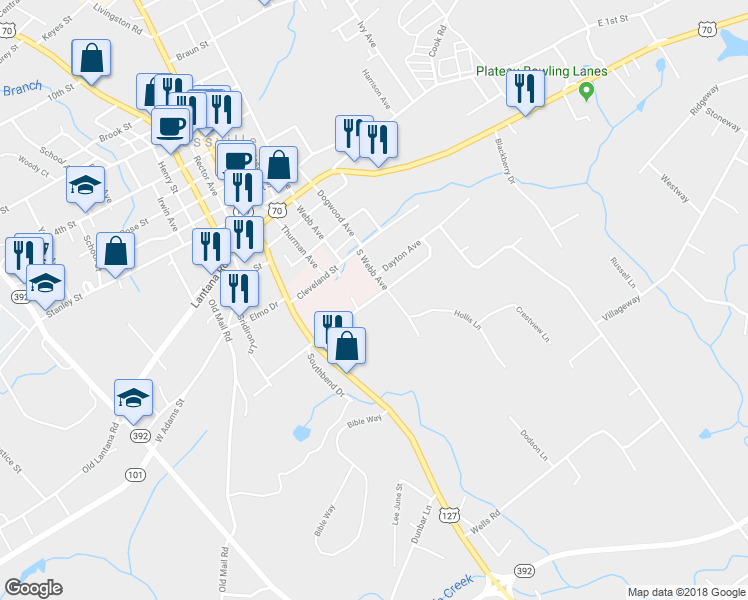 map of restaurants, bars, coffee shops, grocery stores, and more near 140 Hayes Street in Crossville