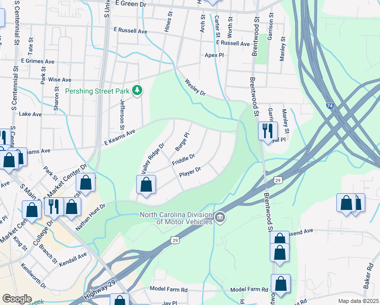 map of restaurants, bars, coffee shops, grocery stores, and more near 415 Friddle Drive in High Point