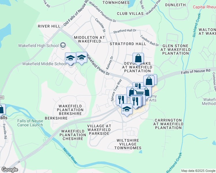 map of restaurants, bars, coffee shops, grocery stores, and more near 12201 Oakwood View Drive in Raleigh