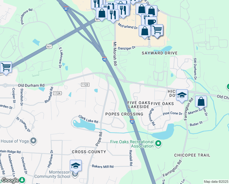 map of restaurants, bars, coffee shops, grocery stores, and more near 3909 Olde Coach Road in Durham