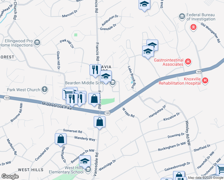 map of restaurants, bars, coffee shops, grocery stores, and more near 1000 Francis Road in Knoxville