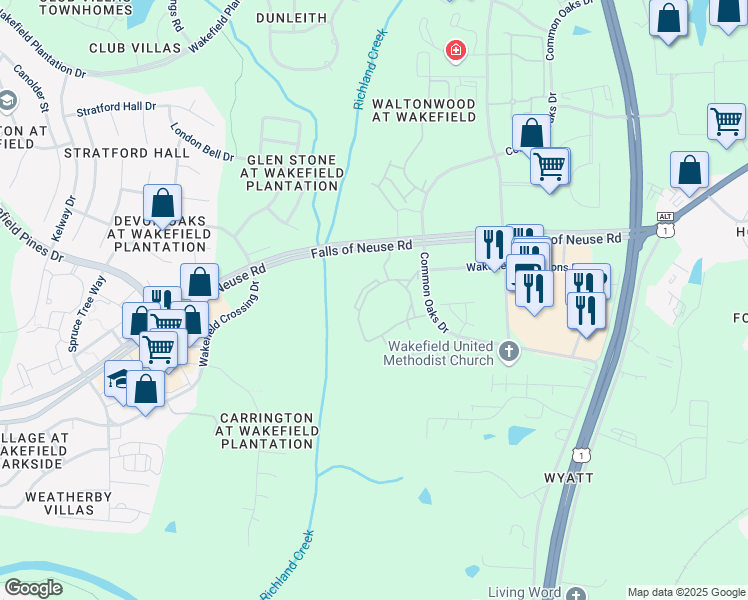 map of restaurants, bars, coffee shops, grocery stores, and more near 14133 Kennington Park Drive in Raleigh