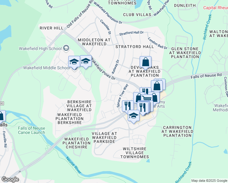 map of restaurants, bars, coffee shops, grocery stores, and more near 2701 Abbey Woods Drive in Raleigh