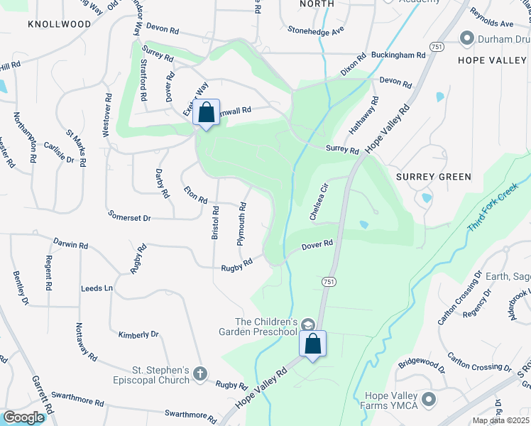map of restaurants, bars, coffee shops, grocery stores, and more near 3936 Dover Road in Durham