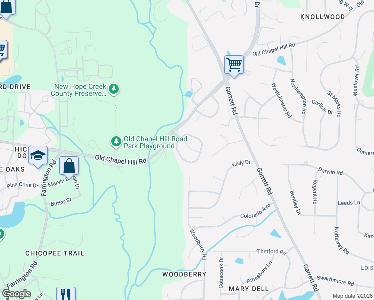 map of restaurants, bars, coffee shops, grocery stores, and more near 220 Strolling Way in Durham