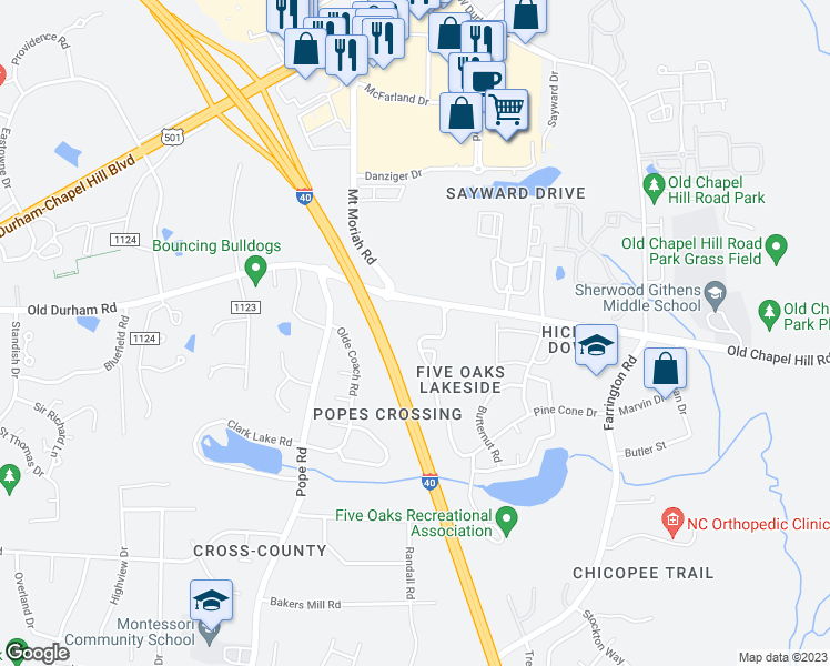 map of restaurants, bars, coffee shops, grocery stores, and more near 4125 Pin Oak Drive in Durham
