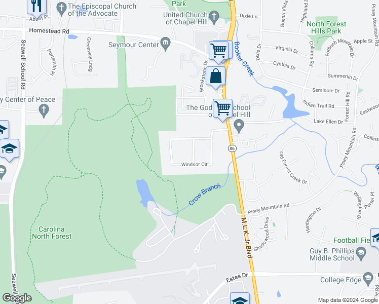 map of restaurants, bars, coffee shops, grocery stores, and more near 124 Windsor Place in Chapel Hill