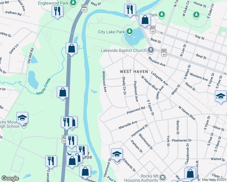 map of restaurants, bars, coffee shops, grocery stores, and more near 1609 Riviera Drive in Rocky Mount