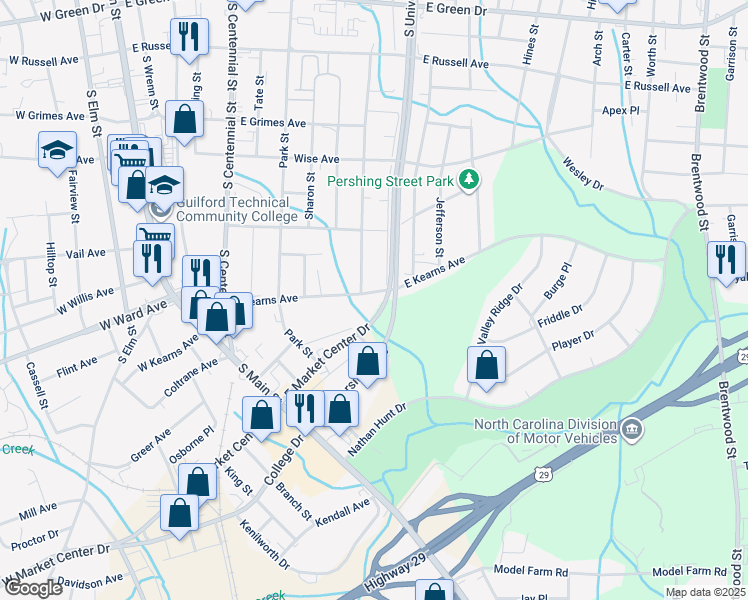 map of restaurants, bars, coffee shops, grocery stores, and more near 704 East Kearns Avenue in High Point