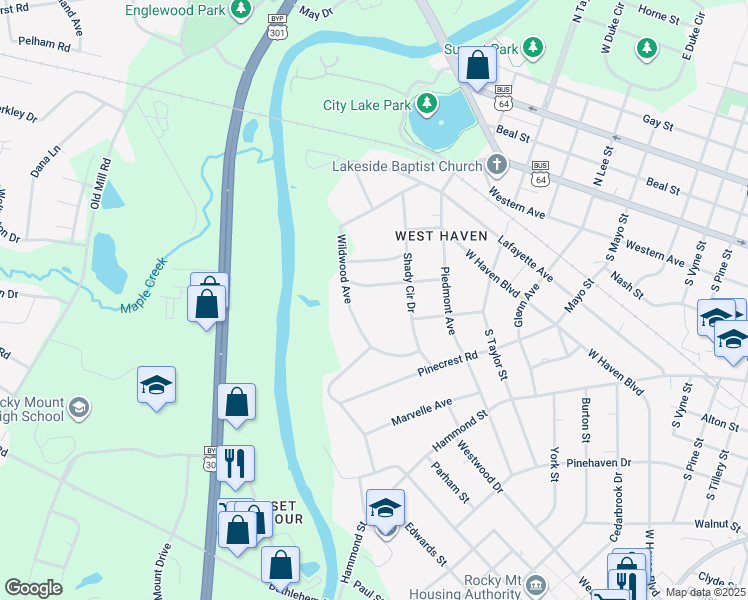map of restaurants, bars, coffee shops, grocery stores, and more near 1609 Riviera Drive in Rocky Mount