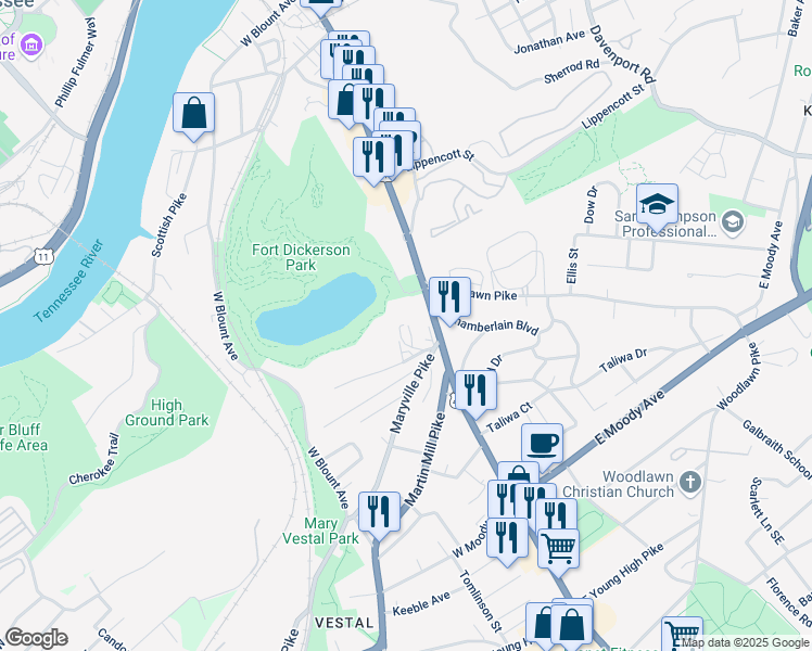 map of restaurants, bars, coffee shops, grocery stores, and more near 113 Wrinkle Avenue in Knoxville