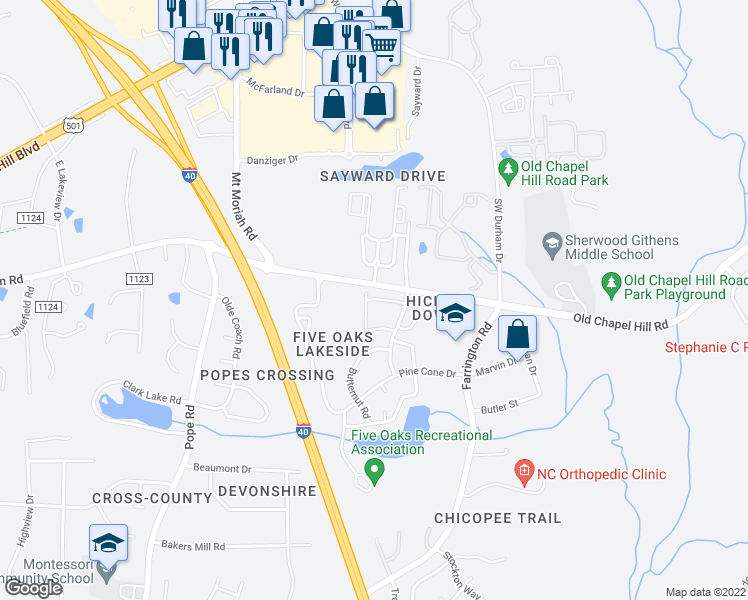 map of restaurants, bars, coffee shops, grocery stores, and more near 4100 Five Oaks Drive in Durham