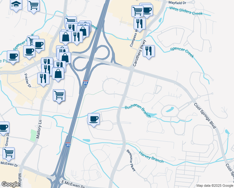 map of restaurants, bars, coffee shops, grocery stores, and more near Crescent Centre Drive in Franklin