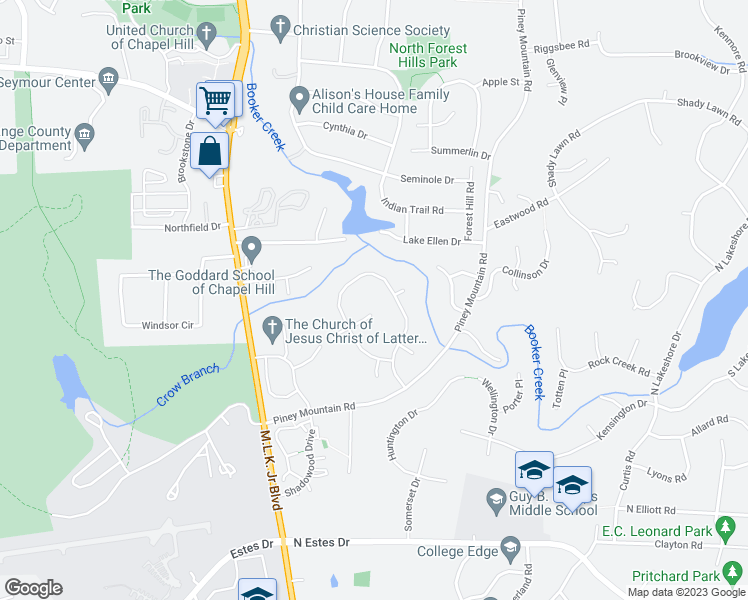 map of restaurants, bars, coffee shops, grocery stores, and more near 113 Mendel Drive in Chapel Hill