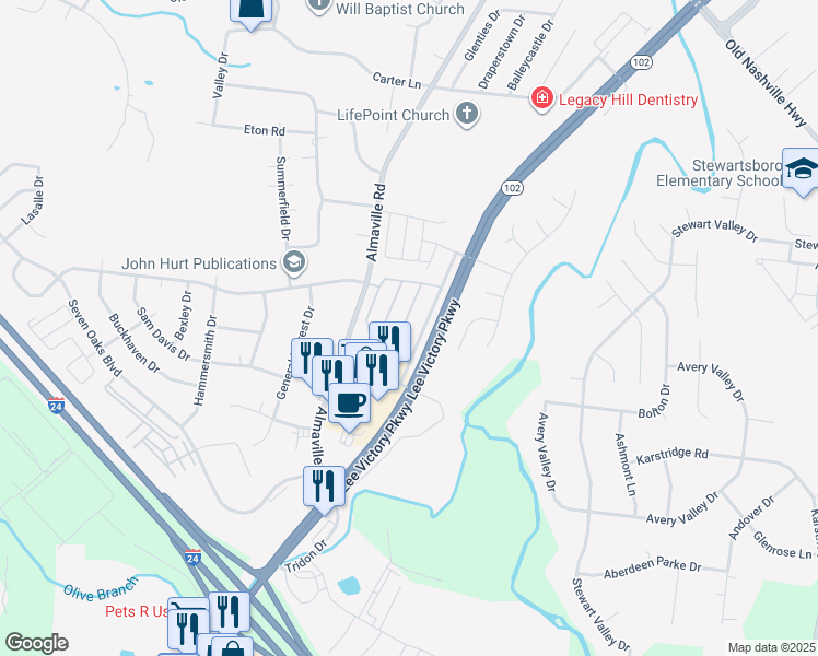 map of restaurants, bars, coffee shops, grocery stores, and more near 3067 Burnt Pine Drive in Smyrna