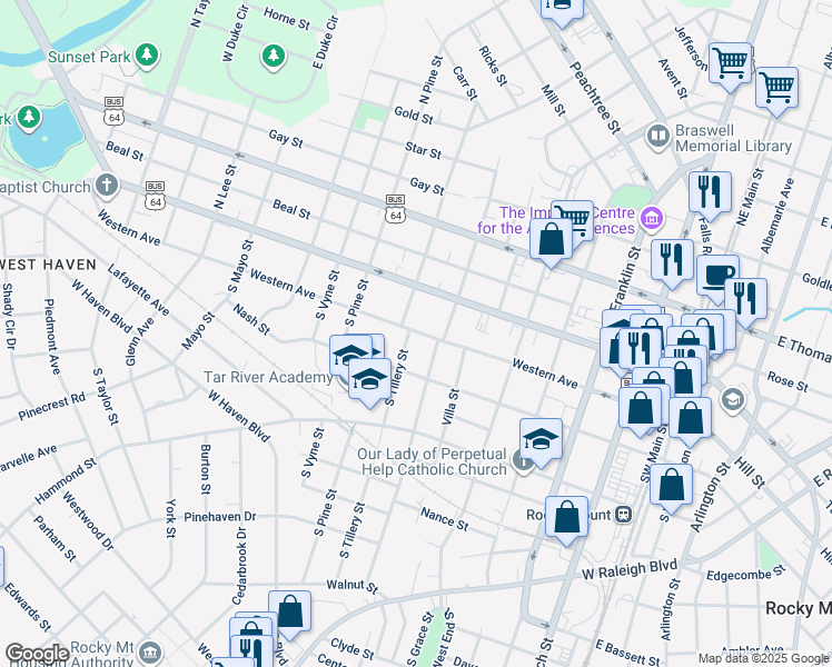 map of restaurants, bars, coffee shops, grocery stores, and more near 209 South Howell Street in Rocky Mount
