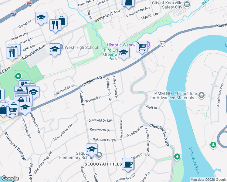 map of restaurants, bars, coffee shops, grocery stores, and more near 500 Oakhurst Drive Southwest in Knoxville