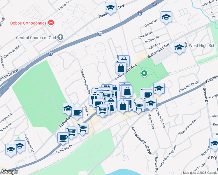 map of restaurants, bars, coffee shops, grocery stores, and more near 318 North Forest Park Boulevard in Knoxville
