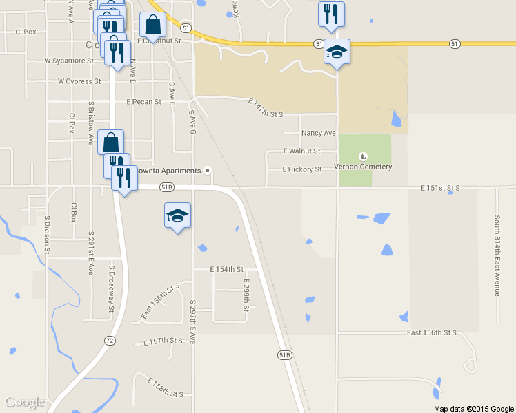 map of restaurants, bars, coffee shops, grocery stores, and more near 30092 East 151st Street South in Coweta