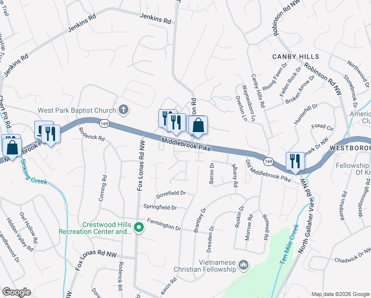 map of restaurants, bars, coffee shops, grocery stores, and more near 8607 Sunpoint Road in Knoxville