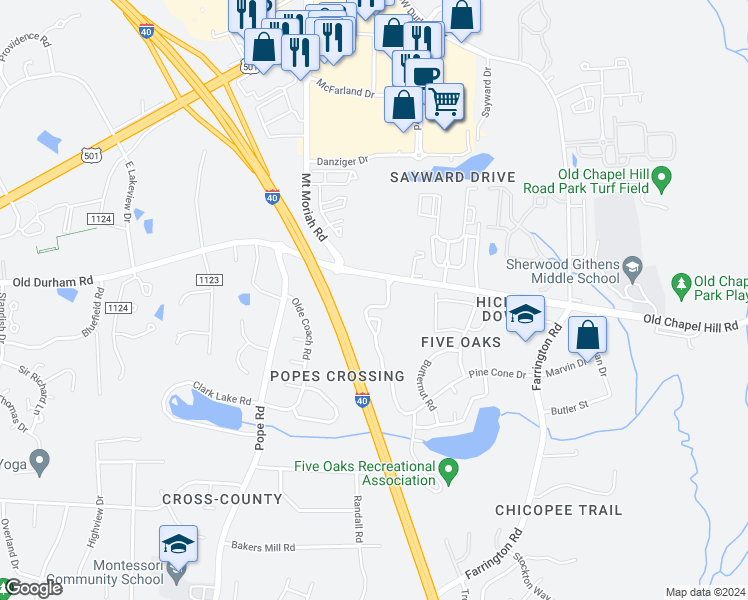map of restaurants, bars, coffee shops, grocery stores, and more near 4106 Pin Oak Drive in Durham