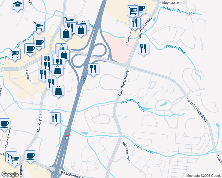 map of restaurants, bars, coffee shops, grocery stores, and more near Crescent Centre Drive in Franklin
