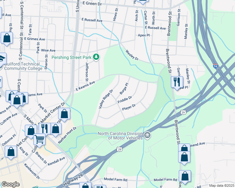 map of restaurants, bars, coffee shops, grocery stores, and more near 403 Burge Place in High Point
