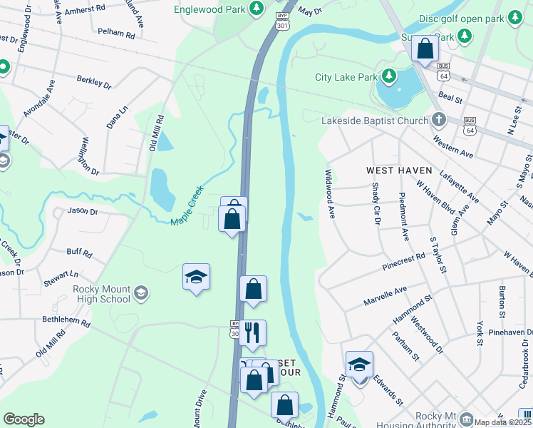 map of restaurants, bars, coffee shops, grocery stores, and more near 505 South Wesleyan Boulevard in Rocky Mount