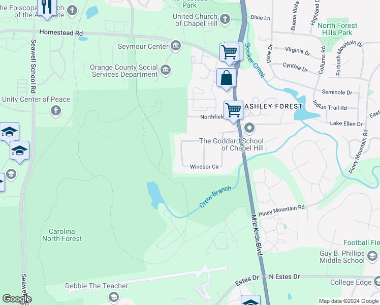 map of restaurants, bars, coffee shops, grocery stores, and more near 130 Windsor Circle in Chapel Hill