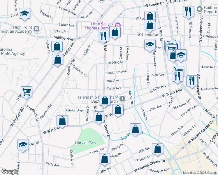 map of restaurants, bars, coffee shops, grocery stores, and more near 802 Cliffside Avenue in High Point