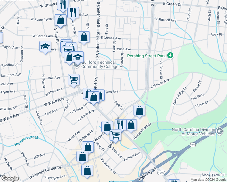map of restaurants, bars, coffee shops, grocery stores, and more near 507 East Kearns Avenue in High Point