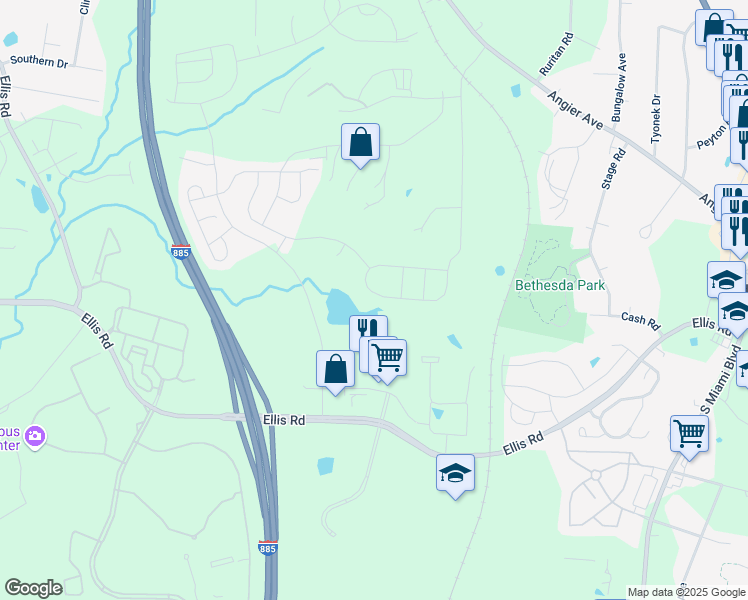 map of restaurants, bars, coffee shops, grocery stores, and more near 137 Southland Drive in Durham