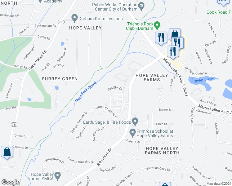 map of restaurants, bars, coffee shops, grocery stores, and more near 4116 Brenmar Lane in Durham