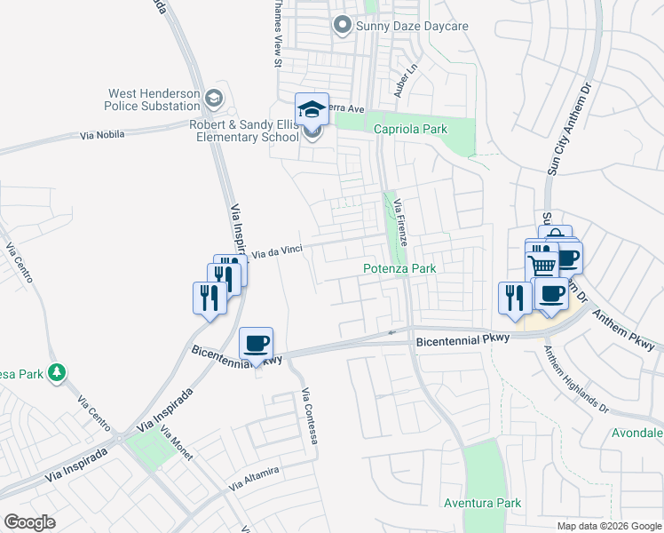 map of restaurants, bars, coffee shops, grocery stores, and more near 3171 Biccari Avenue in Henderson
