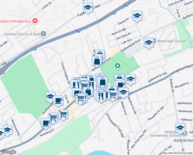 map of restaurants, bars, coffee shops, grocery stores, and more near 4621 Newcom Avenue in Knoxville